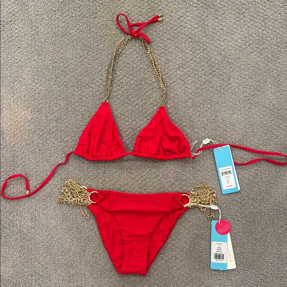 Beach Bunny Red and Gold Bikini